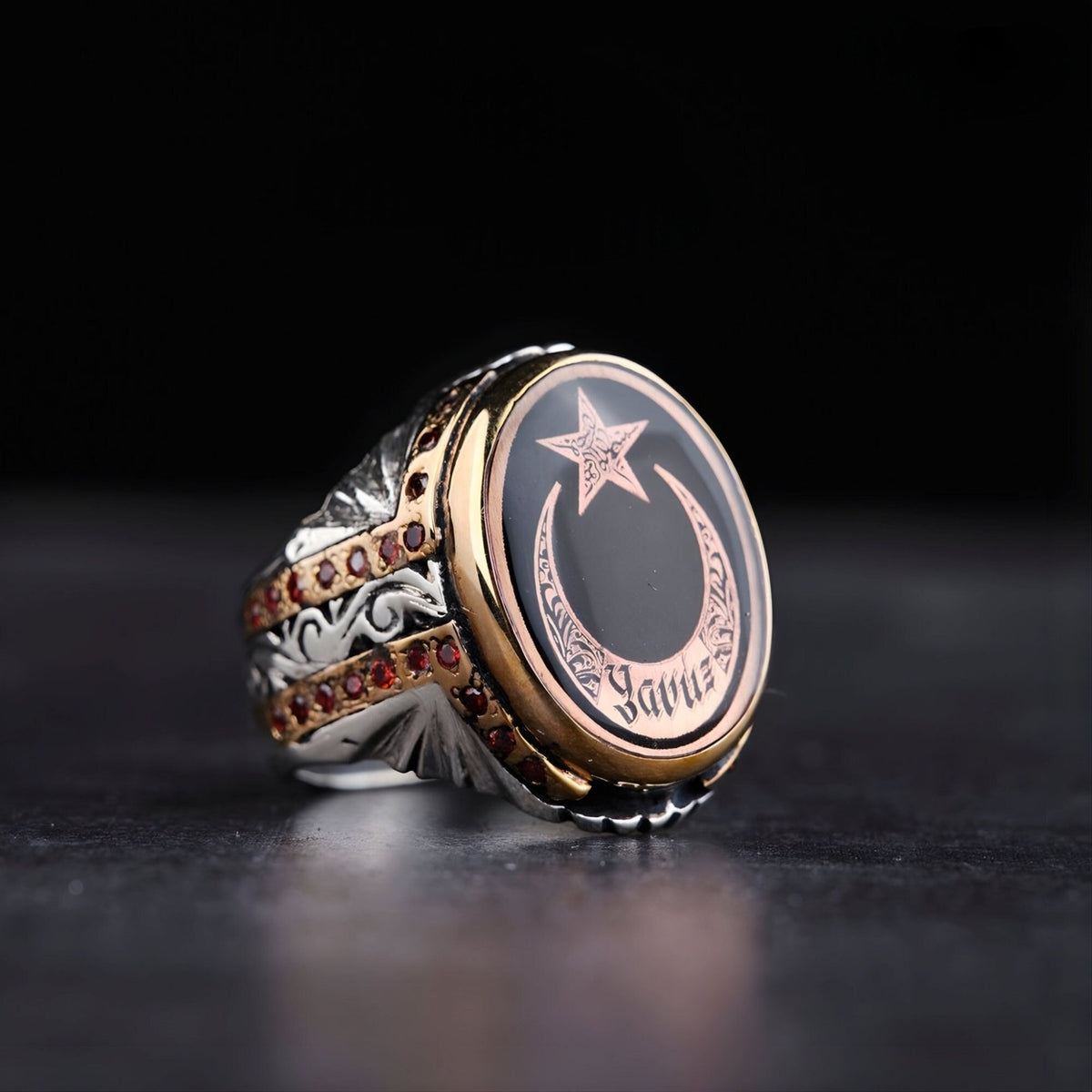 Crescent Name Ring Red Micro Stone Personalized in 925 sterling silver