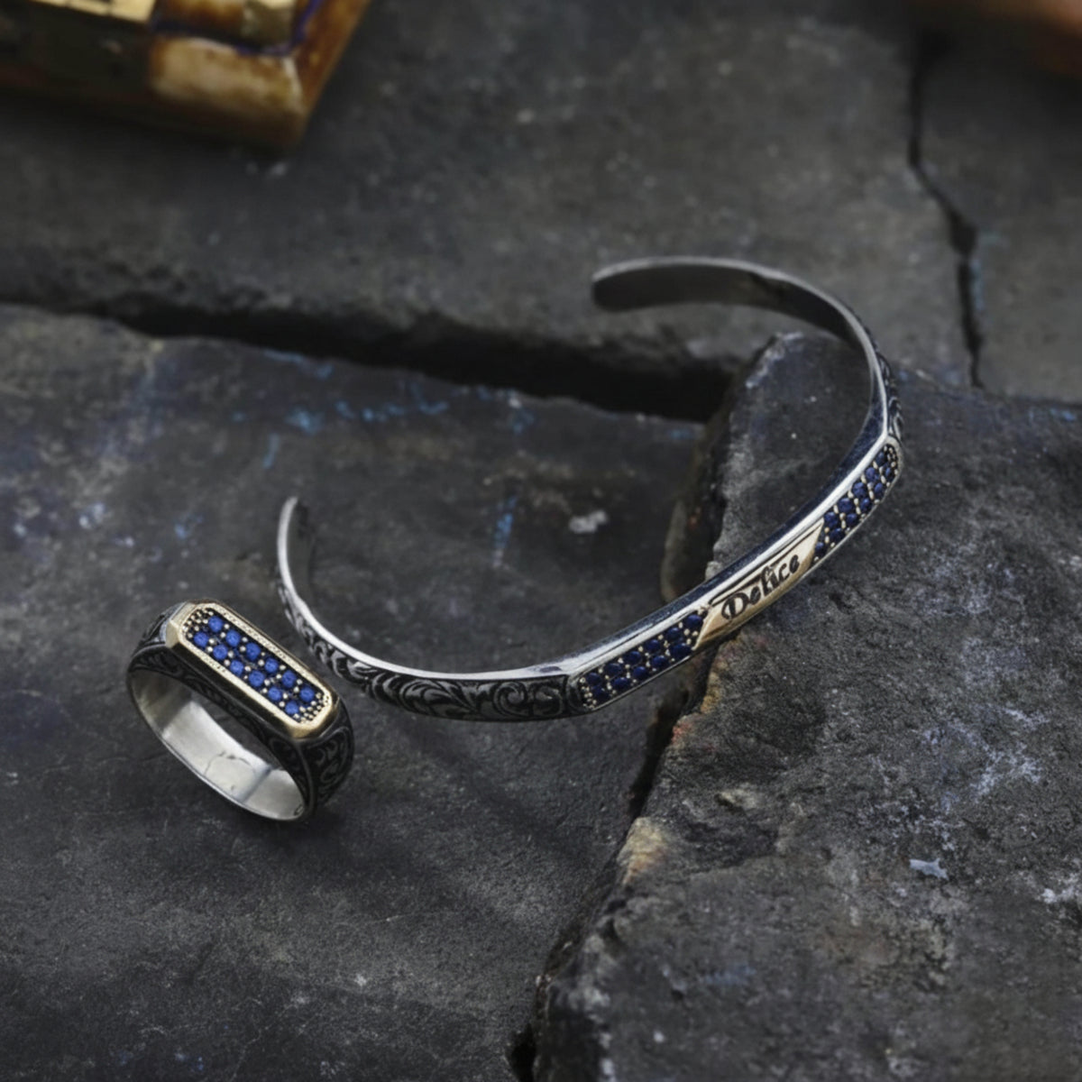 Custom Engraved Cuff Bracelet & Ring Set, Blue Zircon in 925 sterling silver