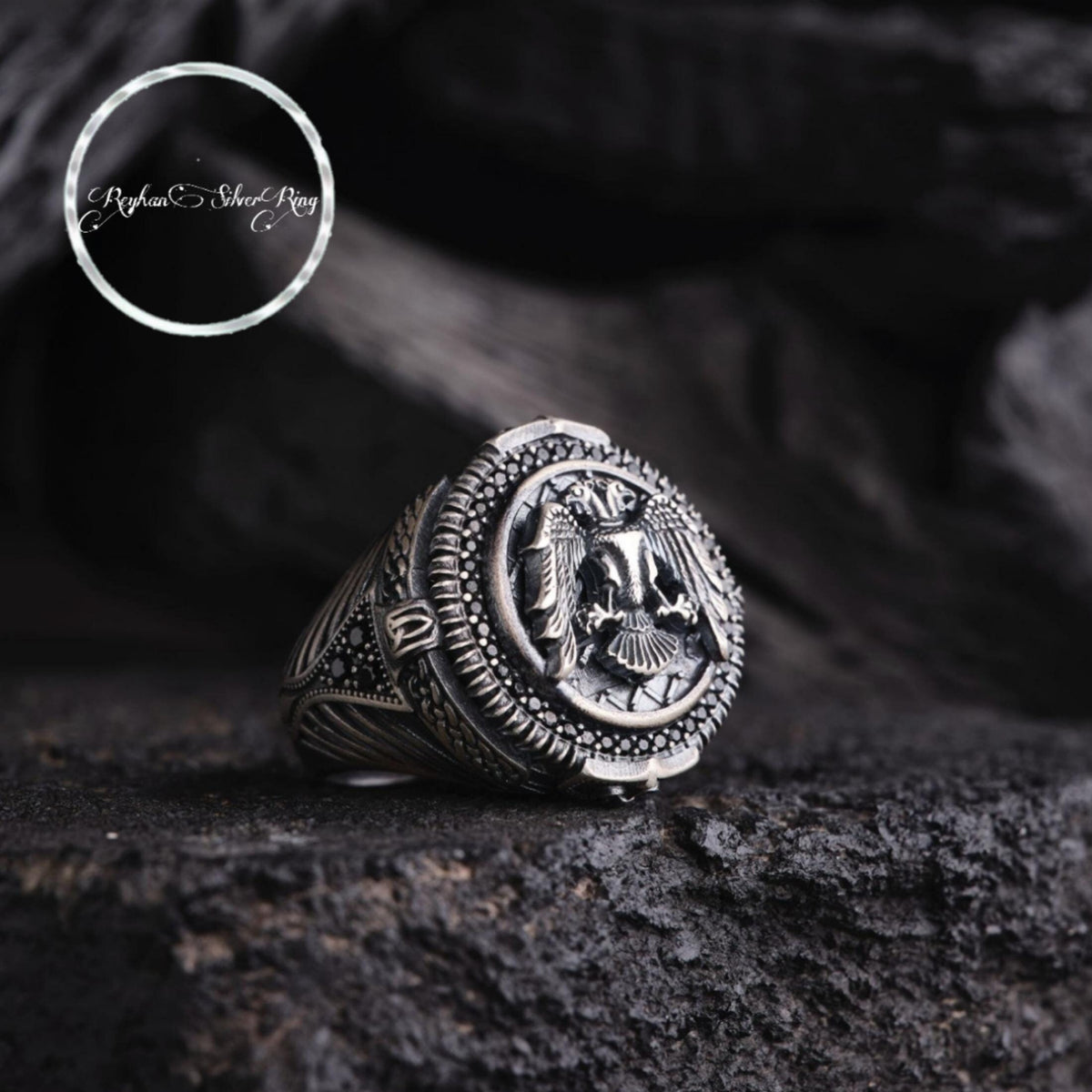 3D double-headed eagle ring with micro stones in 925 sterling silver
