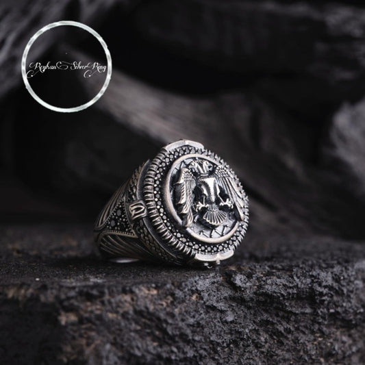 3D double-headed eagle ring with micro stones in 925 sterling silver