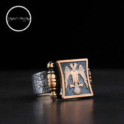 Seljuk double-headed eagle men's ring in 925 sterling silver