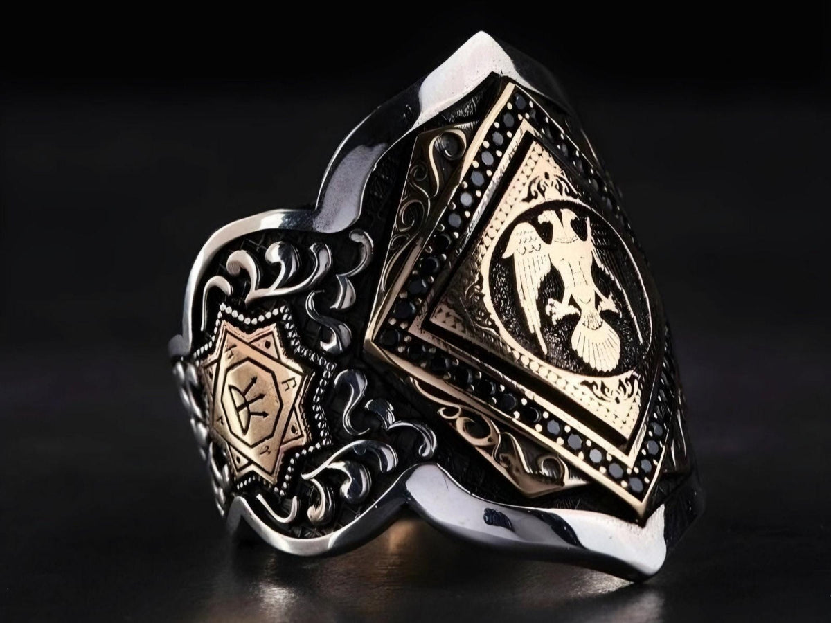 Double-headed eagle zihgir thumb ring with black zircon in 925 sterling silver