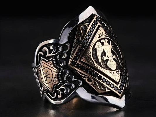 Double-headed eagle zihgir thumb ring with black zircon in 925 sterling silver