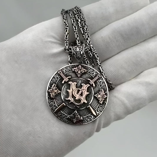 Double-sided Islamic swords pendant with surahs in 925 sterling silver