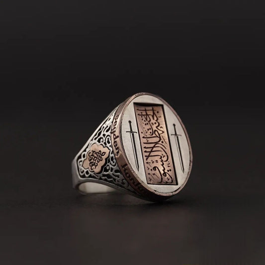 Double Sword Ring, “Paradise Is Under the Shade of Swords”, Sapphire in 925 sterling silver