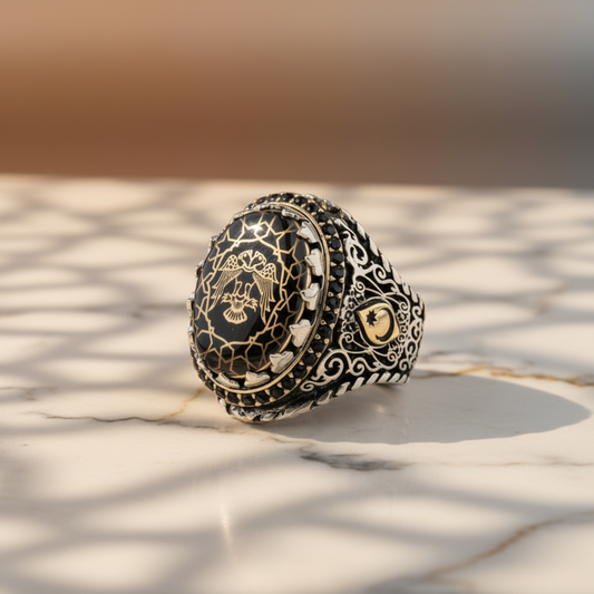 Black Amber Ring 925 Silver Black Garnet Ottoman Handmade