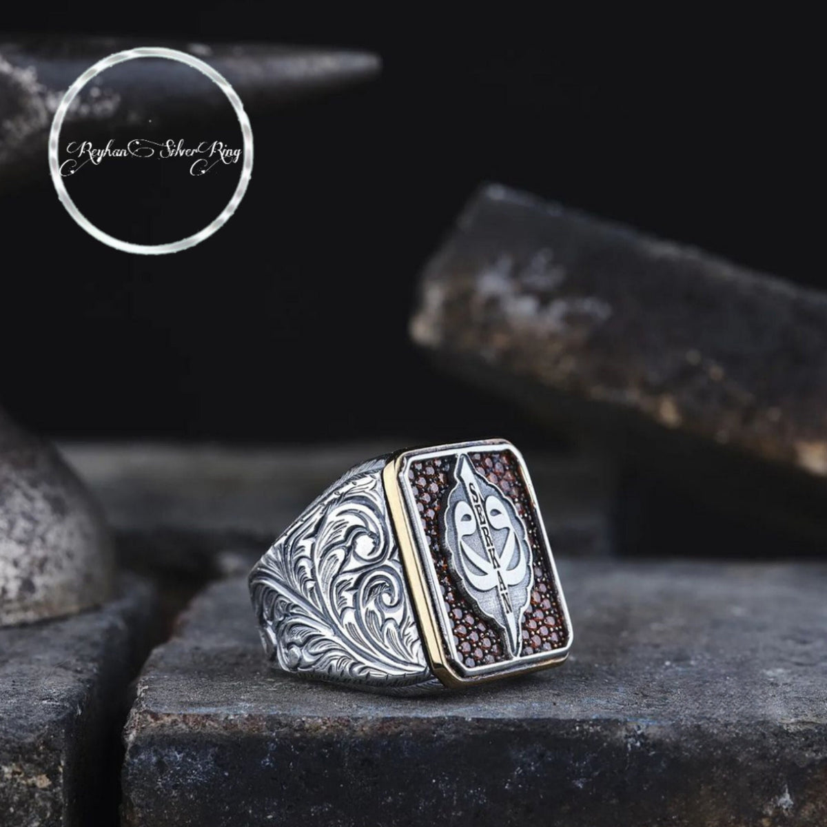 Elif Vav name ring with red zircon in 925 sterling silver
