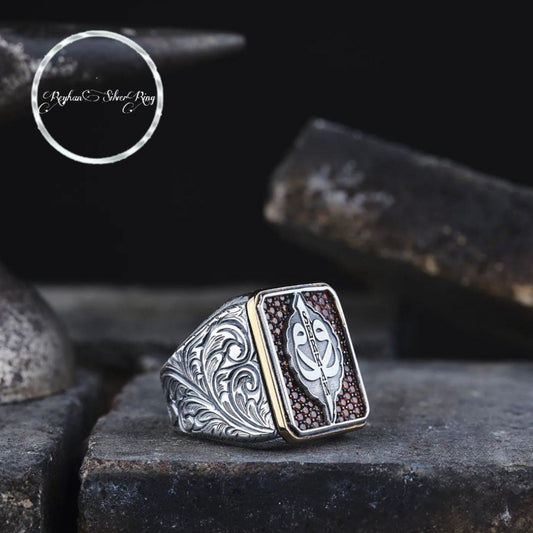 Elif Vav name ring with red zircon in 925 sterling silver