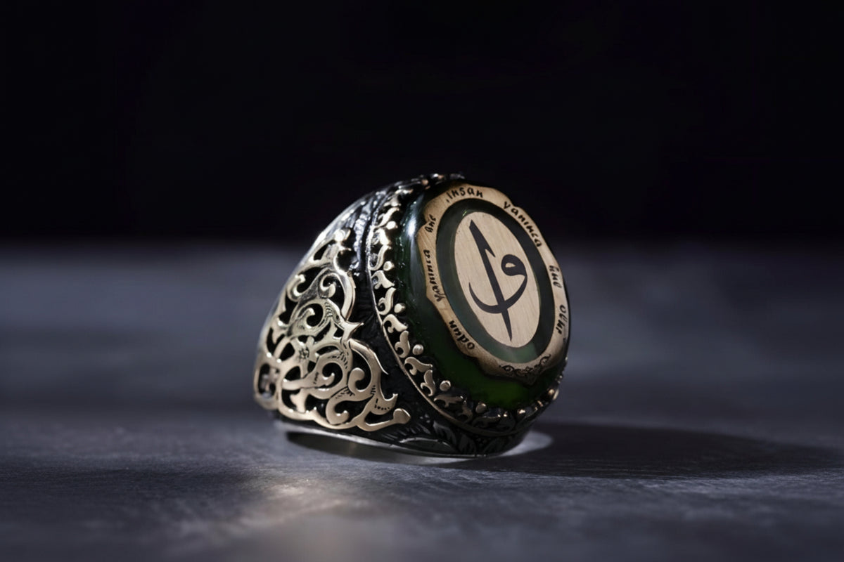 Elif Vav Ring Green Amber Islamic in 925 sterling silver