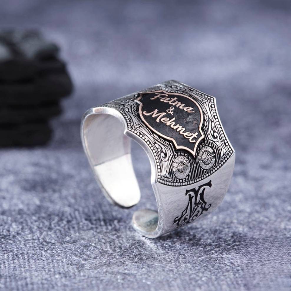 Engraved Couple Names Men's Ring, Turkish Design in 925 sterling silver