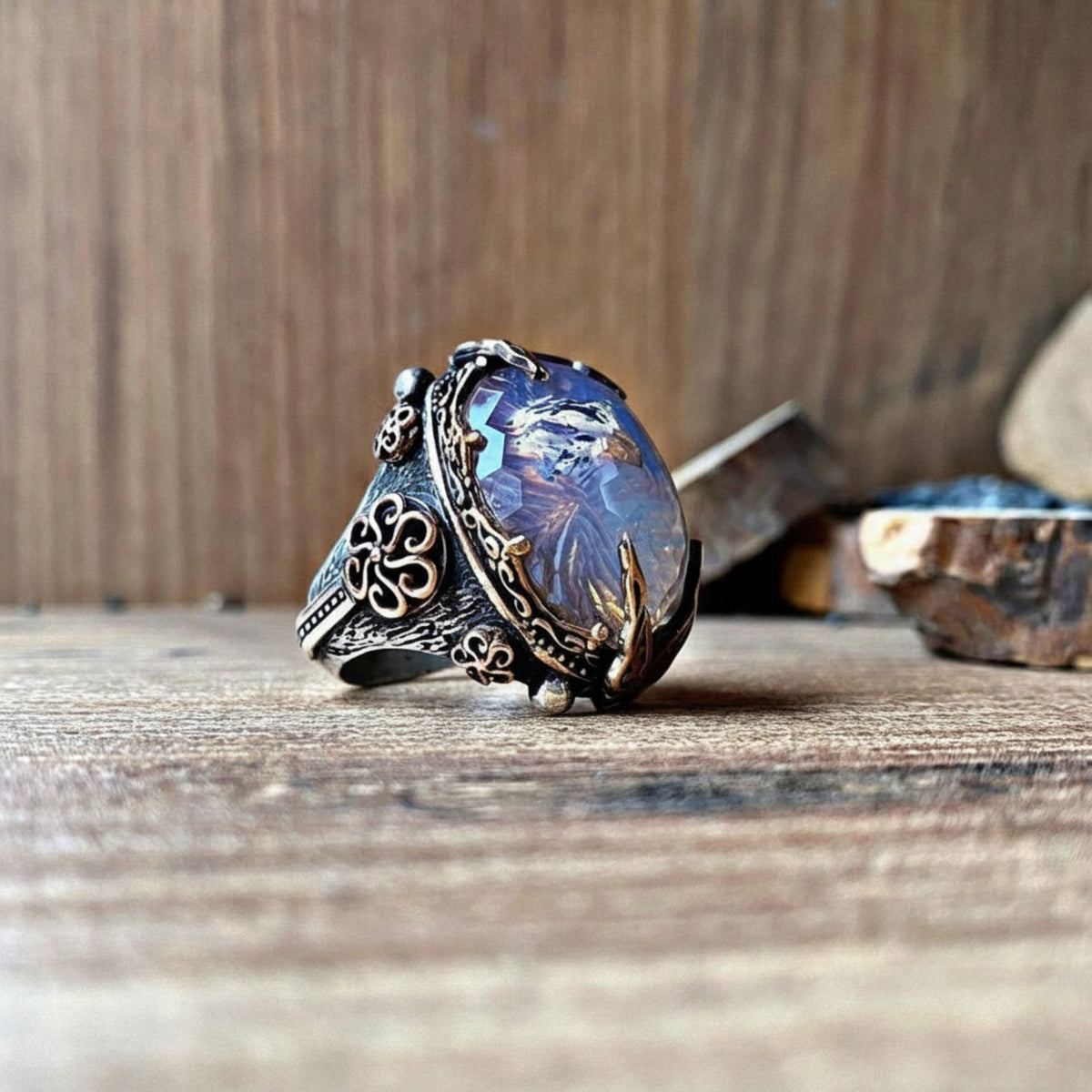 Falcon Moonstone Ring Hand Carved Ottoman in 925 sterling silver