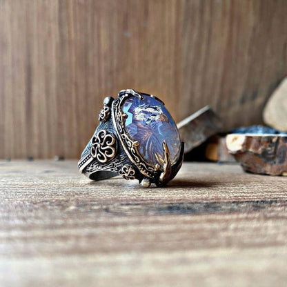 Falcon Moonstone Ring Hand Carved Ottoman in 925 sterling silver