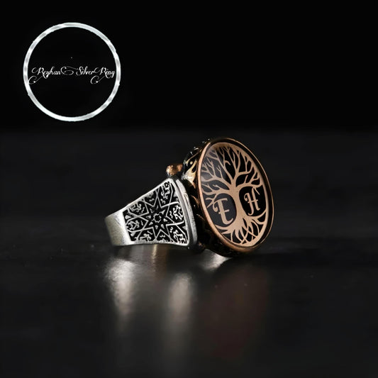 Family tree initial ring in 925 sterling silver