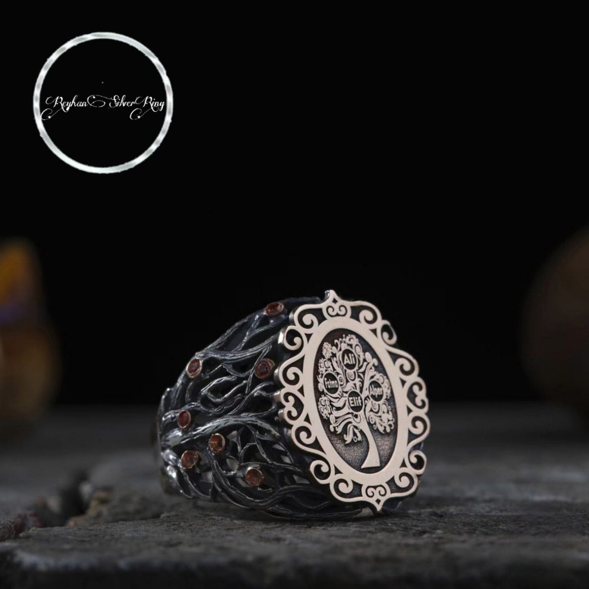 Family tree name ring with red zircon in 925 sterling silver