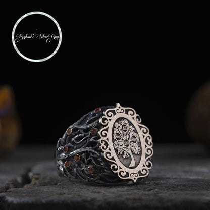 Family tree name ring with red zircon in 925 sterling silver