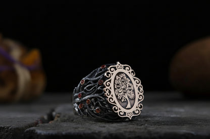 Family Tree Ring Red Stone Custom 4 Names Bark in 925 sterling silver