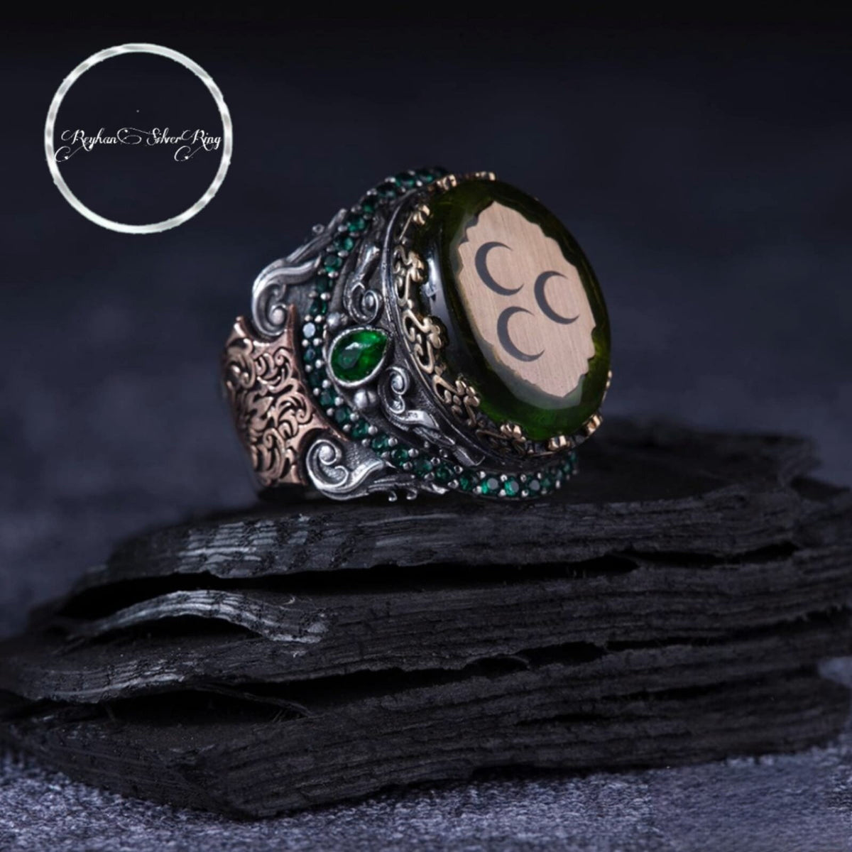 Green amber three crescents ring in 925 sterling silver