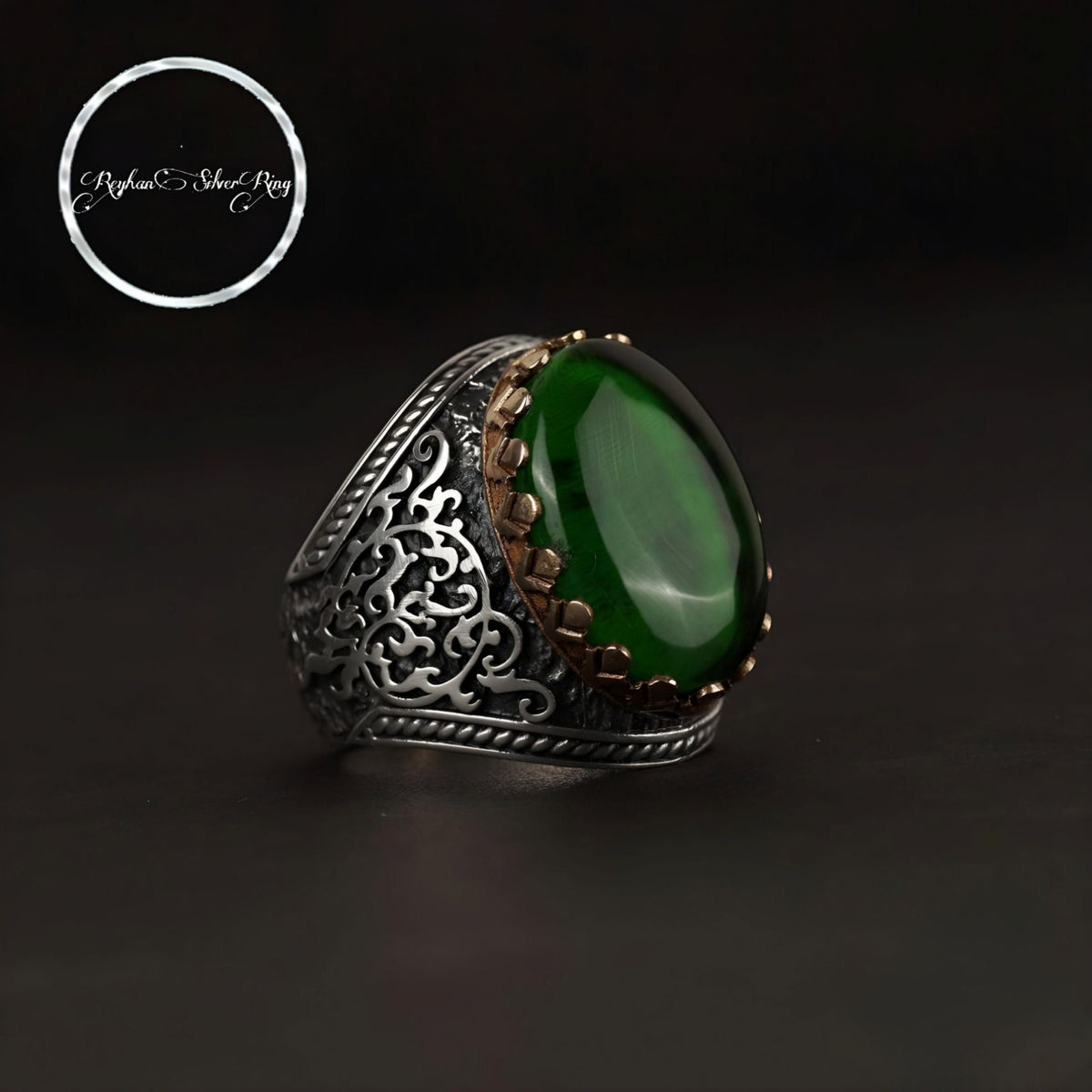 Green fire amber ring with ivy pattern in 925 sterling silver