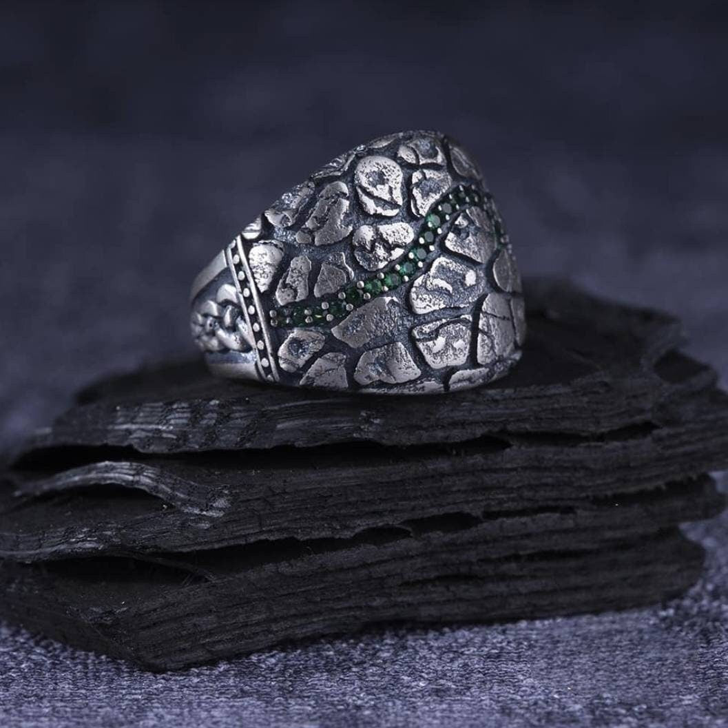 Green micro zircon men's ring in 925 sterling silver