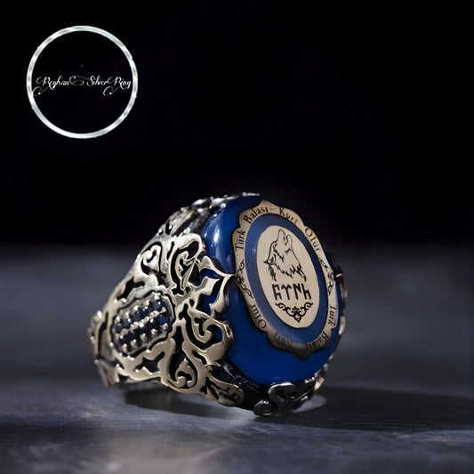 خاتم الذئب الرمادي بالكهرمان الأزرق من فضة إسترلينية عيار 925