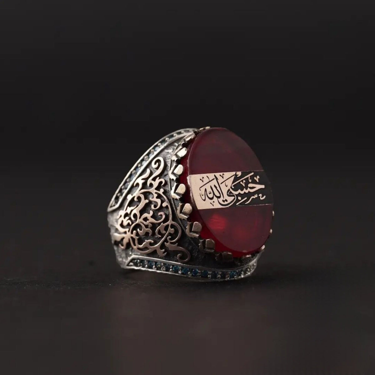 Hasbiyallah red amber ring with blue zircon in 925 sterling silver