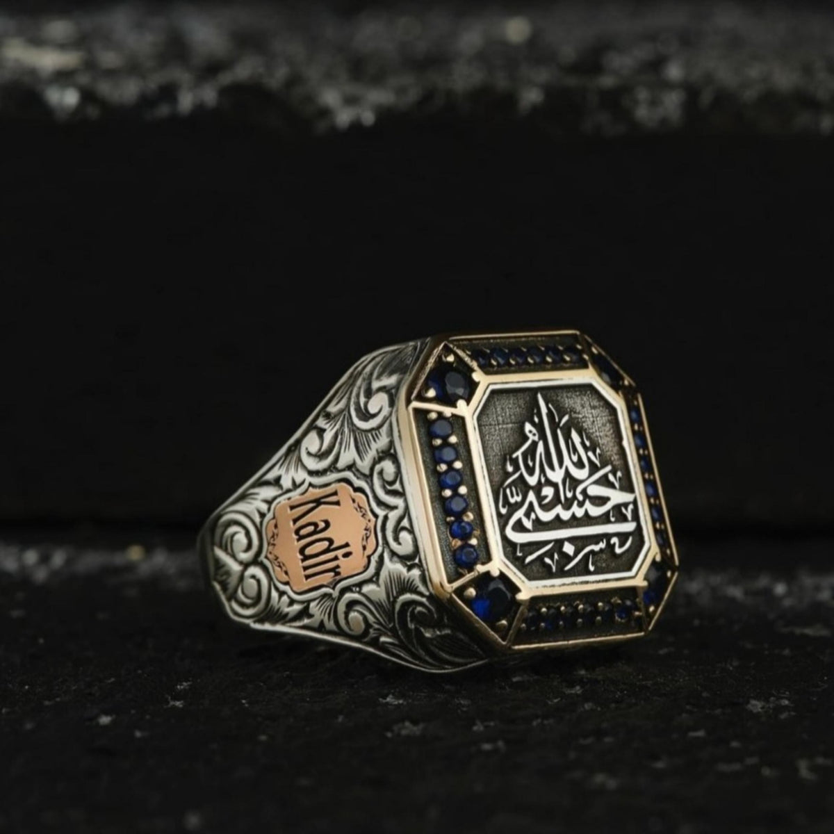 Hasbiyallah Ring Blue Zircon Ottoman in 925 sterling silver