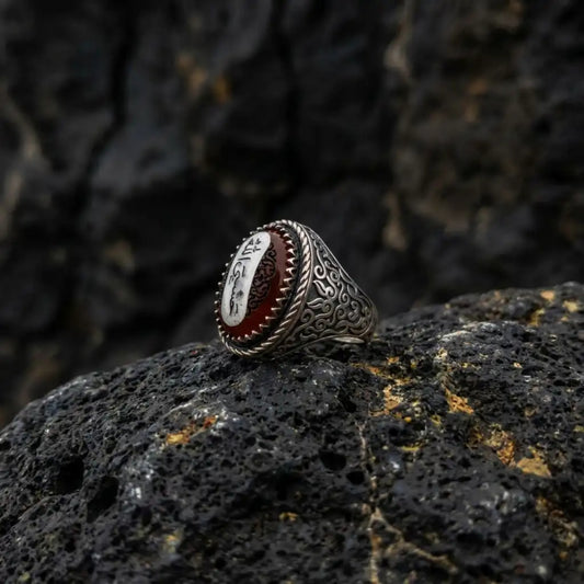 Hasbunallah Red Agate Men's Ring – 925 Sterling Silver Islamic Jewelry