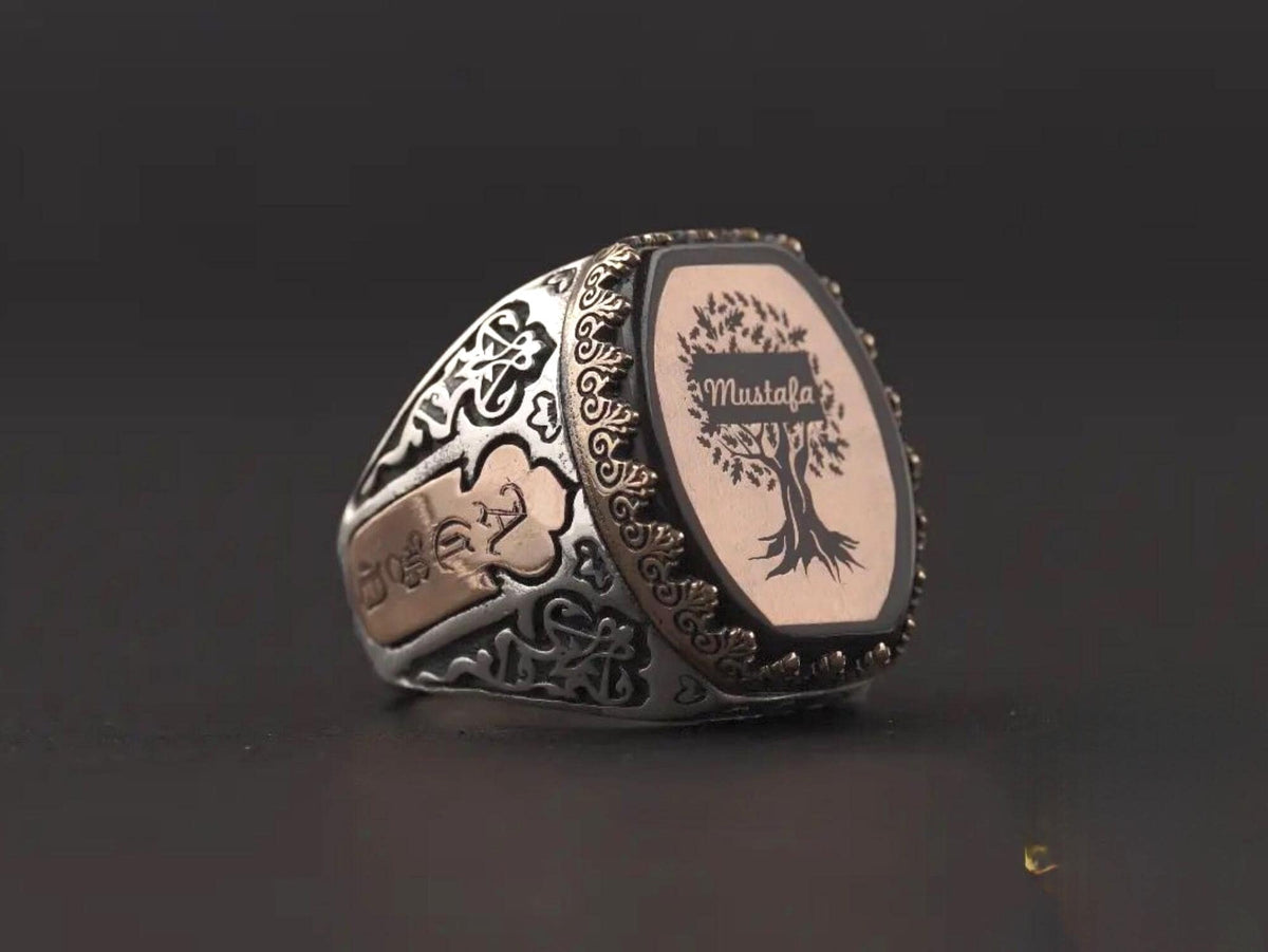 Hexagonal Tree of Life ring with black fire amber in 925 sterling silver
