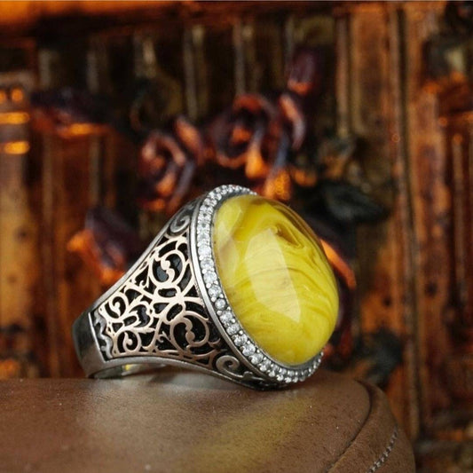 Honey amber men's ring with zircon in 925 sterling silver
