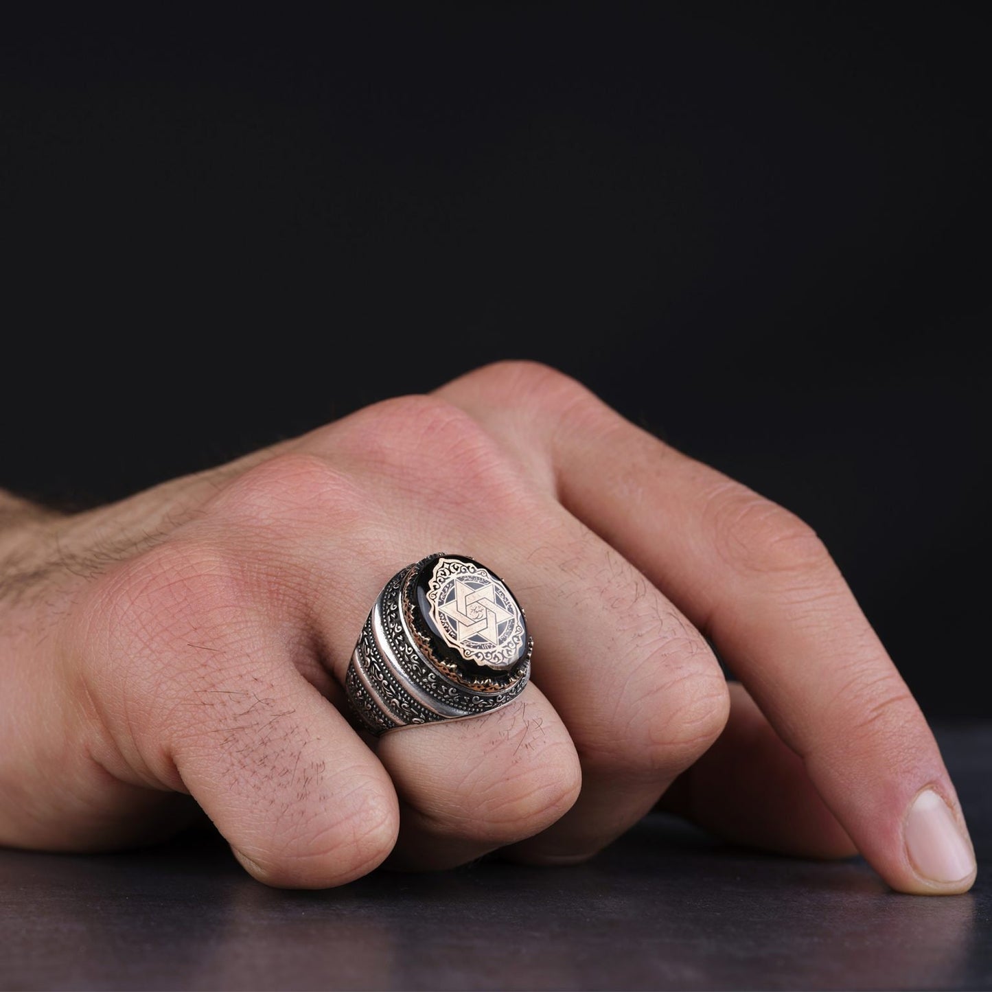 Black Amber Ring – Seal of Love Engraving | 925 Silver Men's Ring