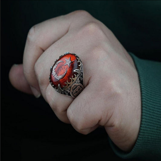 Crescent and star name ring with Ottoman sword – view 2