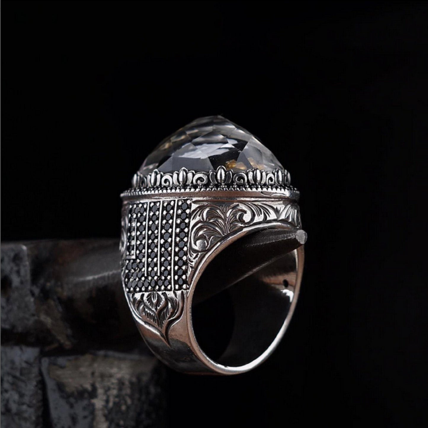 Kaaba Crystal Quartz Ring 925 Sterling Silver Kufic Calligraphy OttomanHandcrafted