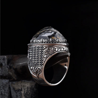 Kaaba Crystal Quartz Ring 925 Sterling Silver Kufic Calligraphy
