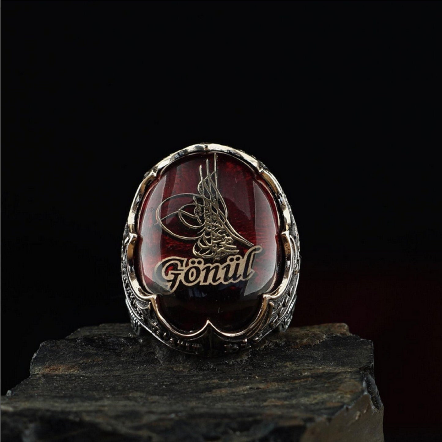 Red Fire Amber Ring 925 Silver OttomanTughra Gonul Men Handcrafted