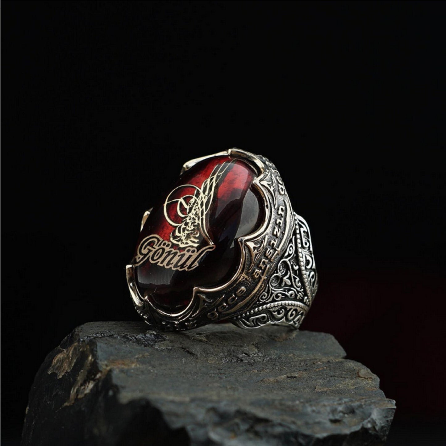 Red Fire Amber Ring 925 Silver OttomanTughra Gonul Men Handcrafted