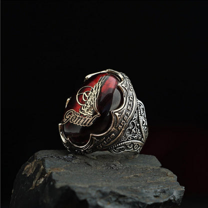 Red Fire Amber Ring 925 Silver OttomanTughra Gonul Men Handcrafted