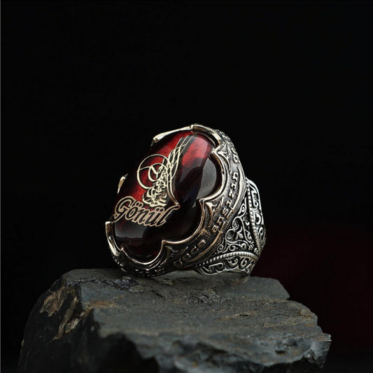 Red Fire Amber Ring 925 Silver OttomanTughra Gonul Men Handcrafted