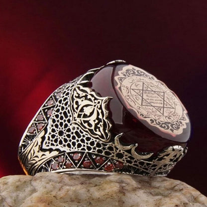 Seal of Solomon Ring 925 Silver Red Amber Seljuk Ottoman Handmade