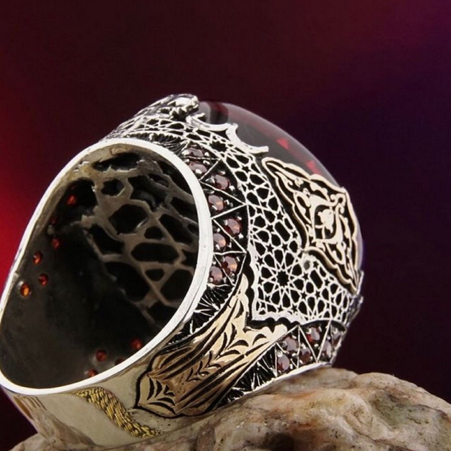 Seal of Solomon Ring 925 Silver Red Amber Seljuk Ottoman Handmade