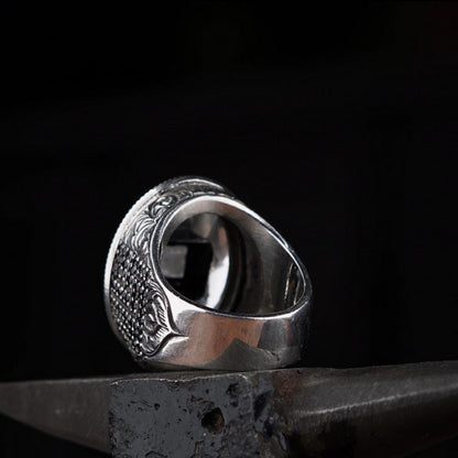 Kaaba Crystal Quartz Ring 925 Sterling Silver Kufic Calligraphy