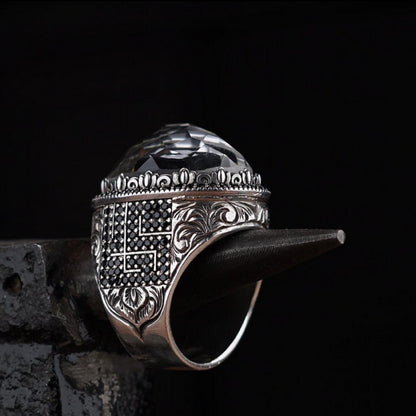 Kaaba Crystal Quartz Ring 925 Sterling Silver Kufic Calligraphy