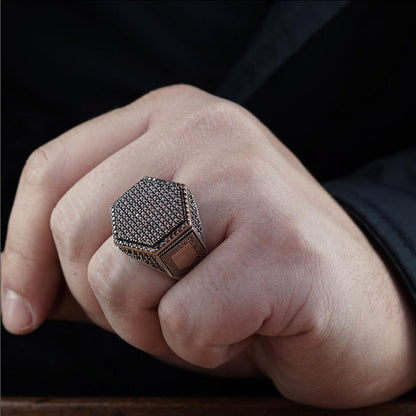 Garnet Ring 925 Silver Ottoman Patterns Handmade Men