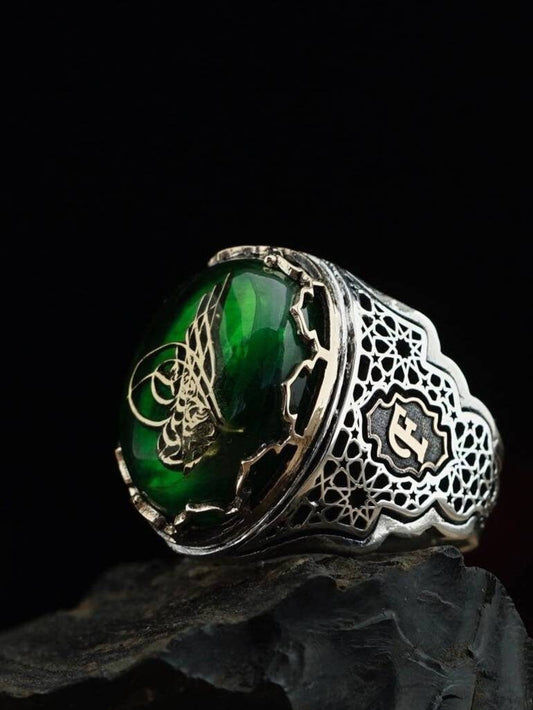 Green Amber Ring 925 Sterling Silver Personalized OttomanSeal Men