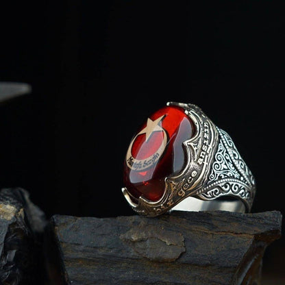 Red Amber Ring 925 Silver Crescent Star Fatih Ottoman Handmade