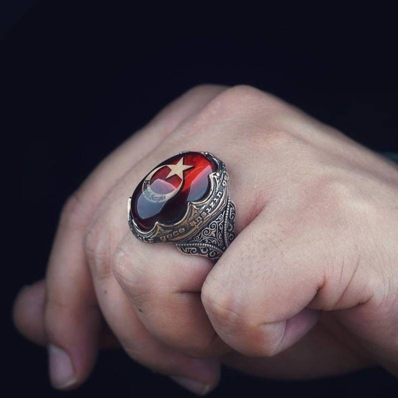 Red Amber Ring 925 Silver Crescent Star Fatih Ottoman Handmade