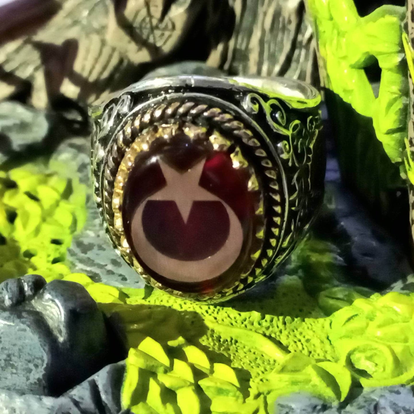 Red Fire Amber Ring 925 Silver Star Crescent Ottoman Handmade