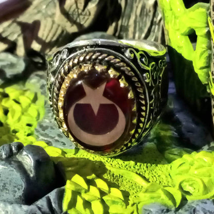 Red Fire Amber Ring 925 Silver Star Crescent Ottoman Handmade