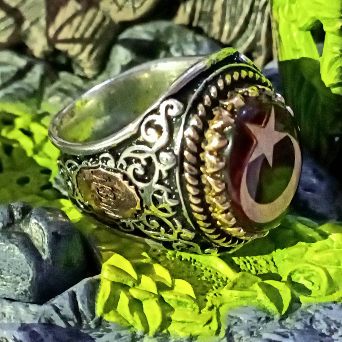 Red Fire Amber Ring 925 Silver Star Crescent Ottoman Handmade
