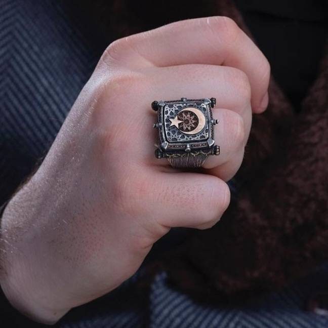 Ottoman Seal Ring 925 Silver Moon Star Signet Handmade