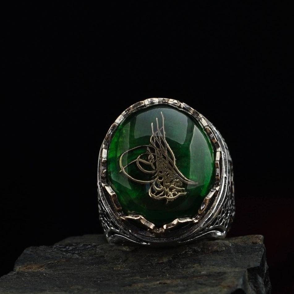 Green Amber Ring 925 Sterling Silver Personalized OttomanSeal Men